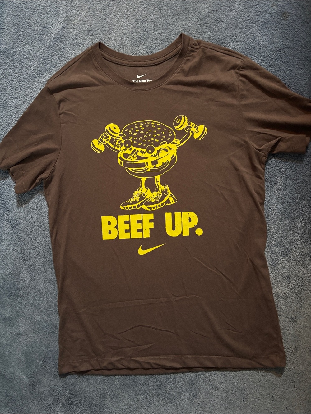 NWOT Nike Brown Short-Sleeve 'Beef Up' Graphic Tee with Yellow Print